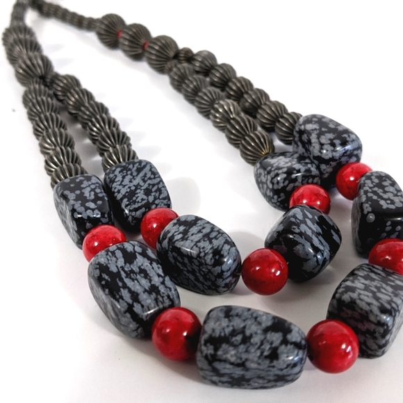 Handmade Gemstone Necklace Double Strand Black Red Grey Semiprecious Obsidian - Picture 1 of 6